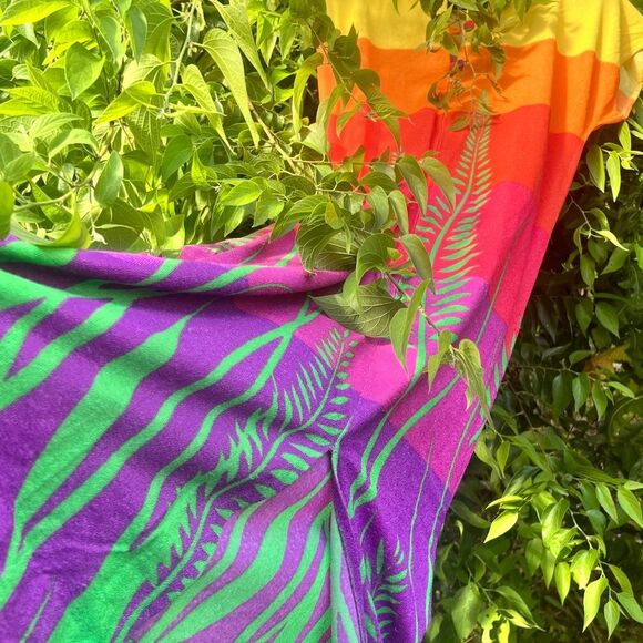 Vintage 70s Rainbow Sunset Caftan Dress w/ Tropical Grass Print – M/L Boho - Picture 6 of 7